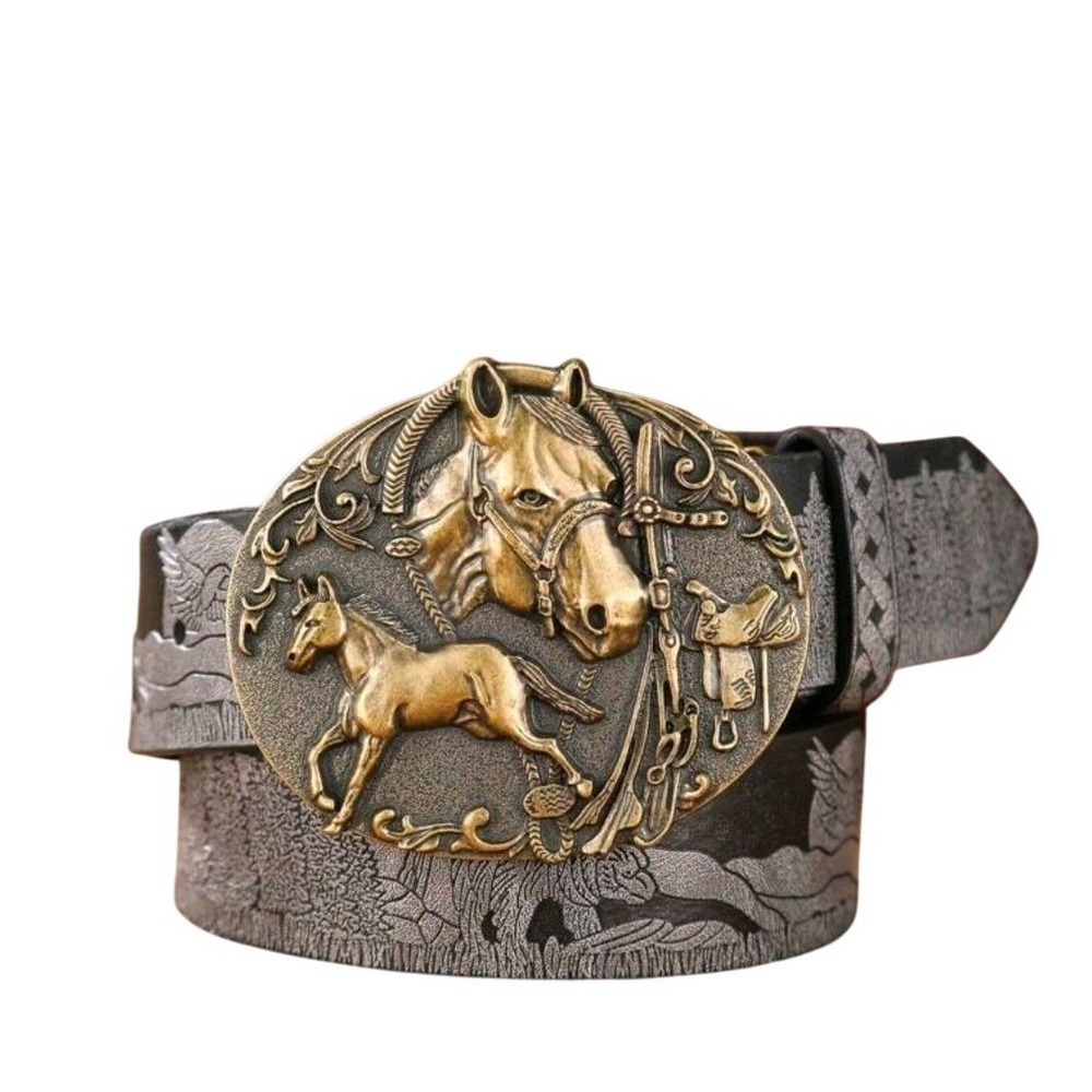 Western Horse Landscape Embossed Black faux Leather Belt Brass Equestrian Buckle